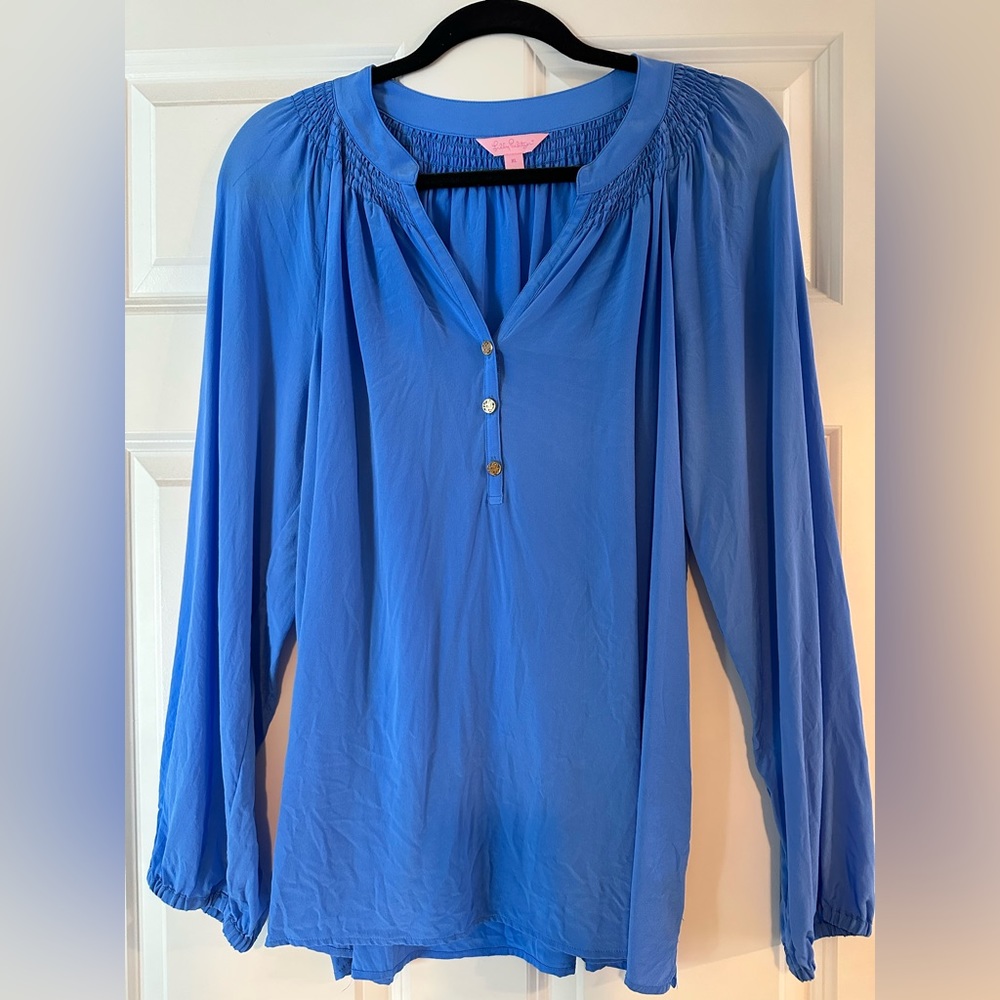 Lilly Pulitzer Elsa Silk Blue Long-Sleeve Blouse Top
